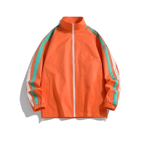 Men's loose casual orange stand-collar jacket with contrast stripe sleeves and drawstring