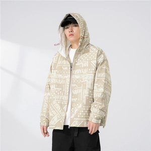 Men's loose khaki paisley hooded jacket with streetwear zipper design and prints