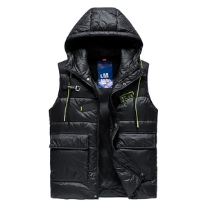 Men's black hooded down vest with micro-grid ripstop fabric and utility pockets