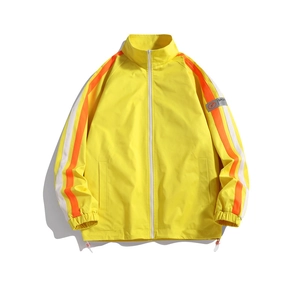 Men's bright yellow casual windbreaker jacket with stand collar and side stripes
