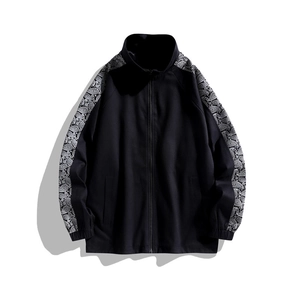 Men's black stand collar jacket with white paisley print splicing on sleeves