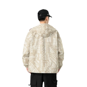 Men's beige hooded jacket featuring a full bandana print and trendy street style design