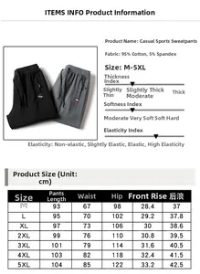 Size chart for slim fit casual sports sweatpants with fabric and measurement details