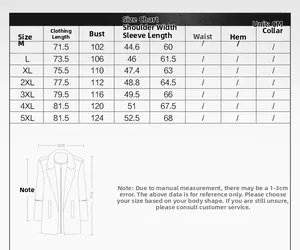 Detailed size chart for men's cotton jacket with measurements from M to 5XL in centimeters