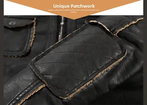 Macro detail of men's leather jacket with diamond quilted stitching and faux shearling lining