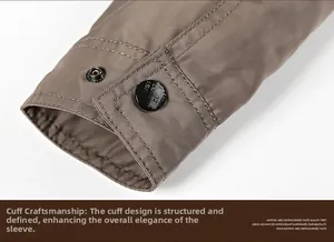 Detailed macro view of khaki jacket sleeve cuff with high-quality button and stitching