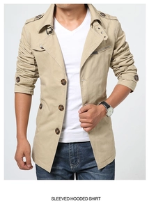 Close-up of khaki cotton jacket showing shoulder epaulets and textured brown buttons
