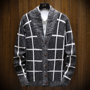 Men Knitted Cardigan Sweater Plaid Cotton Blend Long Sleeve Shawl Collar Button Up Slim Fit Casual Outwear For Spring Autumn