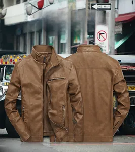 Detailed front and back view of a men's brown stand collar faux suede leather jacket