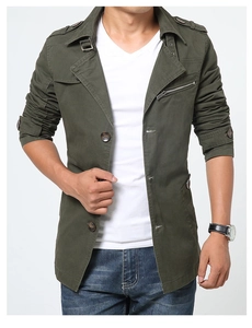 Detailed close-up of military green cotton jacket with epaulets and stylish buttons