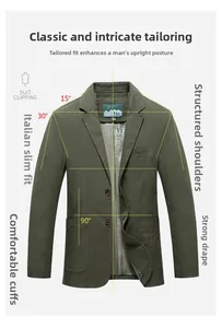 Dettaglio blazer casual in denim verde oliva con revers e vestibilità sartoriale