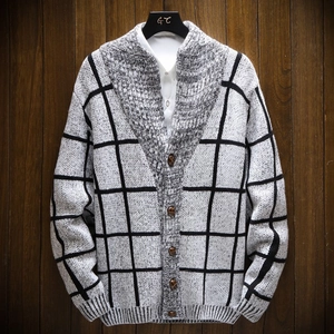 Men's grey plaid knit cardigan with shawl collar and classic button closure style