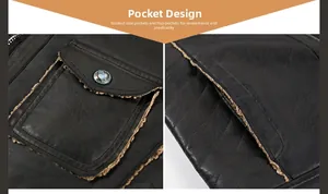Detail view of the deep brown leather jacket's side pockets and metal snap button closure
