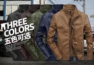 Detail showcasing five color options of the slim fit stand collar men's faux leather jacket