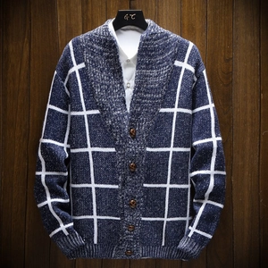Slim fit navy plaid knit cardigan for men featuring a V-neck and classic button closure