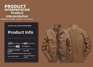 Detail view of brown faux leather jacket showing slim fit cut and material specifications