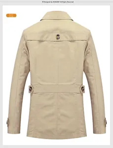 Detailed back view of khaki cotton jacket with shoulder flaps and waist adjustment buckles