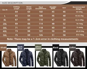 Men's PU leather jacket size chart showing measurements from M to 5XL and color options