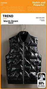Detail of glossy black down vest showing white duck down insulation and lapel collar