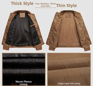 Detail view of winter fleece lining vs thin lining for brown men's PU leather jacket