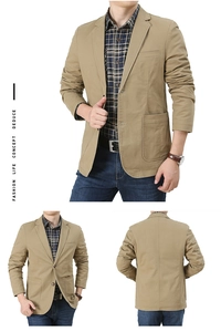 Vista dettagliata del blazer in cotone kaki con tasche a toppa e rever classico da uomo