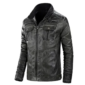 Giacca da moto vintage in pelle grigia da uomo con spalle trapuntate e colletto a coste