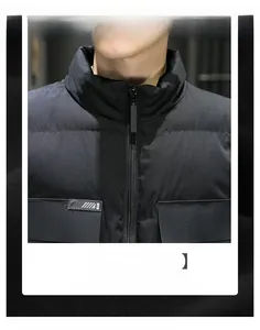 Close-up of black men's padded vest featuring high collar and large cargo chest pockets