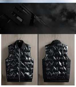 Detail of black glossy quilted down vest for men with high collar and full zip closure