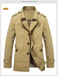 Detail of khaki men's cotton trench coat with shoulder straps and checkered lining