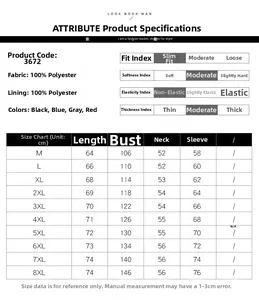 Men's padded vest size chart and material specifications for sizes M up to 8XL