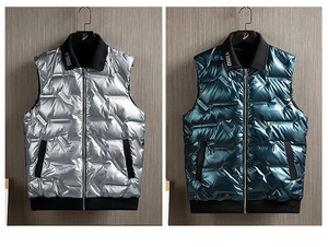 Detail of windproof men's vest showing embossed texture and logo on the collar