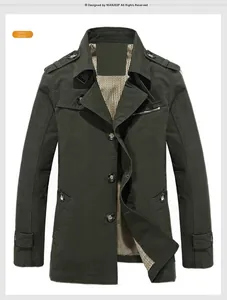 Detail view of army green cotton trench coat showing zipper pocket and plaid lining