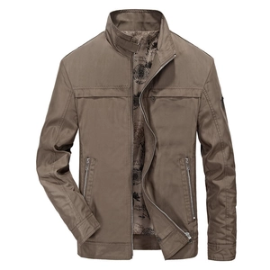 Men's Military Style Jacket Windproof Polyester Stand Collar Zip Up Casual Outdoor Coat With Retro Map Lining For Daily Wear