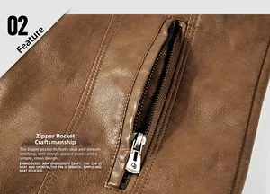 Close-up of brown faux leather jacket featuring metal zipper pocket and lychee texture