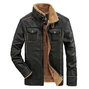 Men's Vintage PU Leather Jacket Fleece Lined Motorcycle Style Stand Collar Multi-Pocket Thickened Warm Outerwear Winter Coat