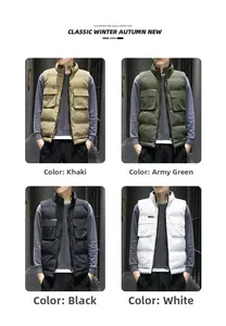 Collage of padded stand-up collar vests in four colors featuring a multi-pocket utility design