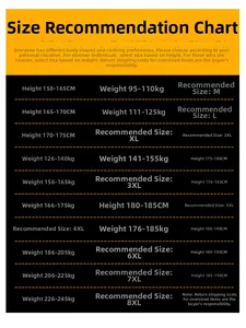 Men's padded vest size chart with height and weight recommendations from M to 8XL