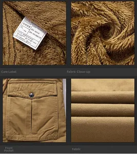 Dettaglio del tessuto di cotone kaki con calda fodera in peluche e finitura della tasca sul petto