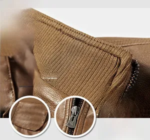 Detail of brown faux leather jacket featuring ribbed knit collar and metal zipper pocket