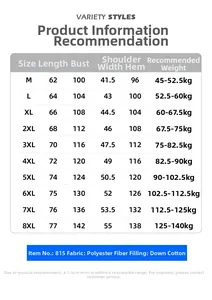 Size chart for men's padded vest with measurements from M to 8XL for various body weights