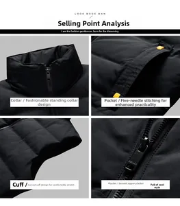 Detailed close-up of stand collar, smooth zipper and side pockets on men's black puffer vest