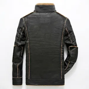 Men's black vintage motorcycle leather jacket with rib-knit collar and fleece lining