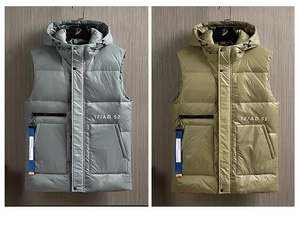 Détails de la veste sans manche à capuche pour homme avec grandes poches et fermetures éclair