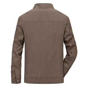 Men's casual brown military style jacket with standing collar and back vertical stitching