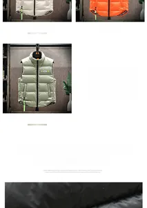 Detail view of khaki puffer vest with high collar and logo patch for winter wear