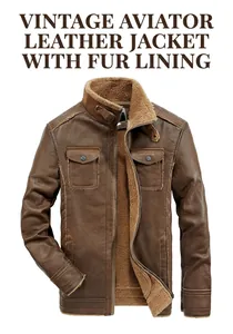 Men's dark brown leather motorcycle jacket with warm fleece lining and stand collar