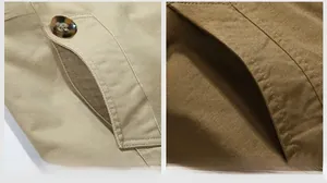 Detail of khaki twill cotton jacket showing reinforced double stitching and button craft