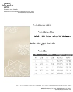 Detailed size chart for cotton jacket J6018 with paisley fabric texture and dimensions