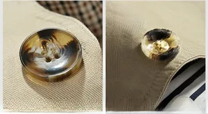 Detail of high-quality resin buttons with tortoiseshell pattern on cotton windbreaker jacket