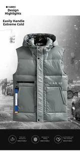 Détail du gilet matelassé pour homme avec capuche, bandes bleues et tissu coupe-vent